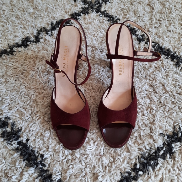 Bruno Magli burgundy suede open toe heeled sandals
